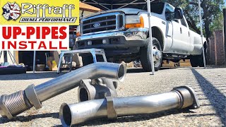 2001 F350 73  RiffRaff UpPipes Install  Stock up pipes leaking and falling apart JUNK SP [upl. by Sharity]